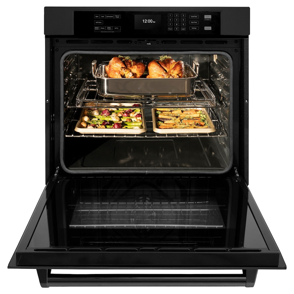 ZLINE 30 in. Professional True Convection Single Wall Oven with Air Fry and Self Clean in Black Stainless Steel (WASB-30) front, open, with food inside oven.