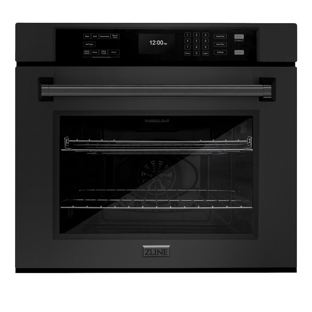 ZLINE Kitchen Package with Black Stainless Steel Refrigeration, 36 in. Rangetop, 36 in. Range Hood, 30 in. Single Wall Oven, and 24 in. Tall Tub Dishwasher (5KPR-RTBRH36-AWSDWV)