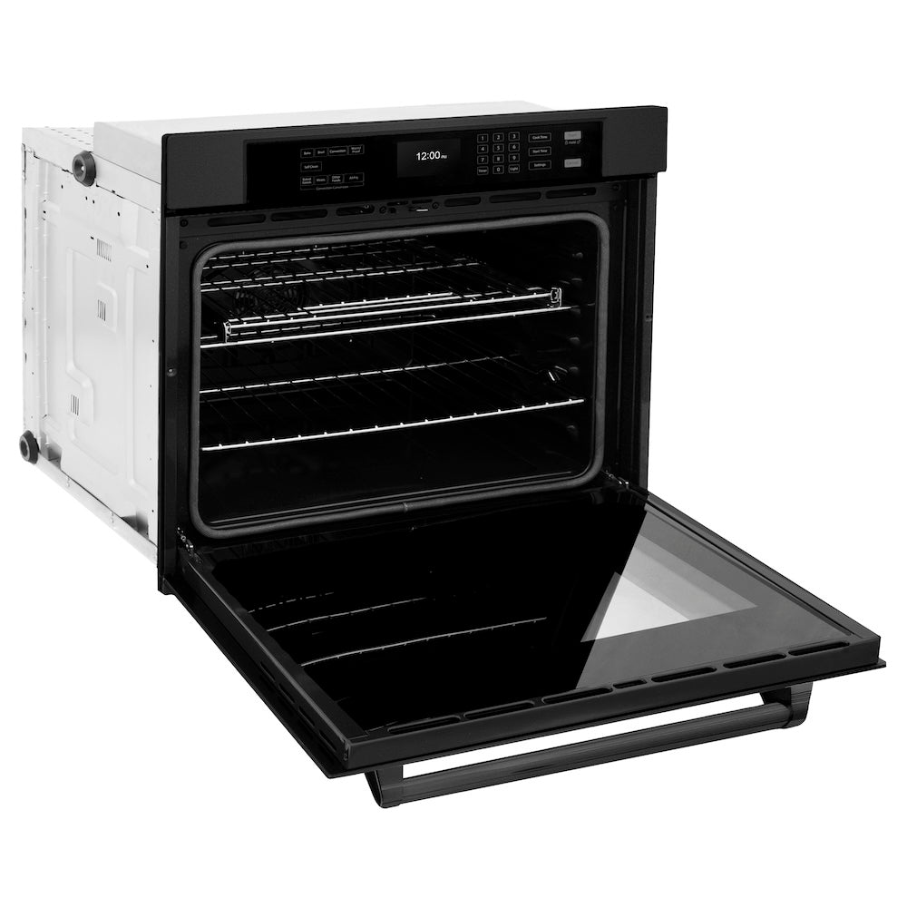 ZLINE 30 in. Professional True Convection Single Wall Oven with Air Fry and Self Clean in Black Stainless Steel (WASB-30) side, oven open.