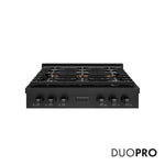 ZLINE 36 in. Paramount Gas Rangetop with 6 Burner DuoPro™ Cooktop in Black Stainless Steel (PSRTB-36) front, with DuoPro™ logo.