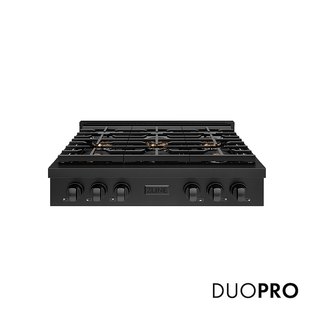 ZLINE 36 in. Paramount Gas Rangetop with 6 Burner DuoPro™ Cooktop in Black Stainless Steel (PSRTB-36) front, with DuoPro™ logo.