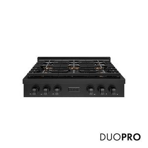 ZLINE 36 in. Paramount Gas Rangetop with 6 Burner DuoPro™ Cooktop in Black Stainless Steel (PSRTB-36) main image.
