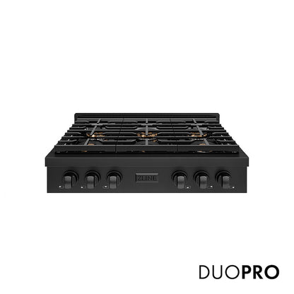 ZLINE 36 in. Paramount Gas Rangetop with 6 Burner DuoPro™ Cooktop in Black Stainless Steel (PSRTB-36) front, with DuoPro™ logo.