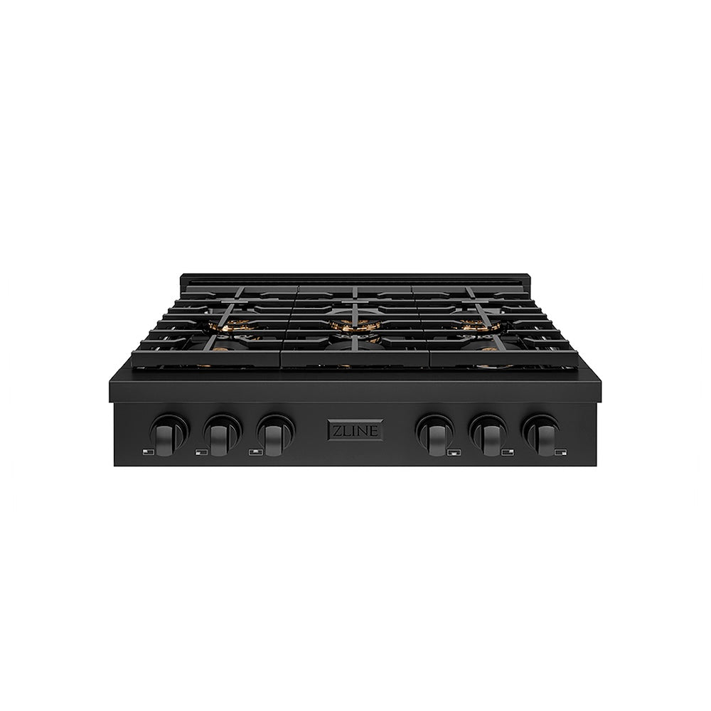 ZLINE 36 in. Paramount Gas Rangetop with 6 Burner DuoPro™ Cooktop in Black Stainless Steel (PSRTB-36) front.