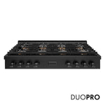 ZLINE 48 in. Paramount Gas Rangetop with 8 Burner DuoPro™ Cooktop in Black Stainless Steel (PSRTB-48) front, with DuoPro™ logo.