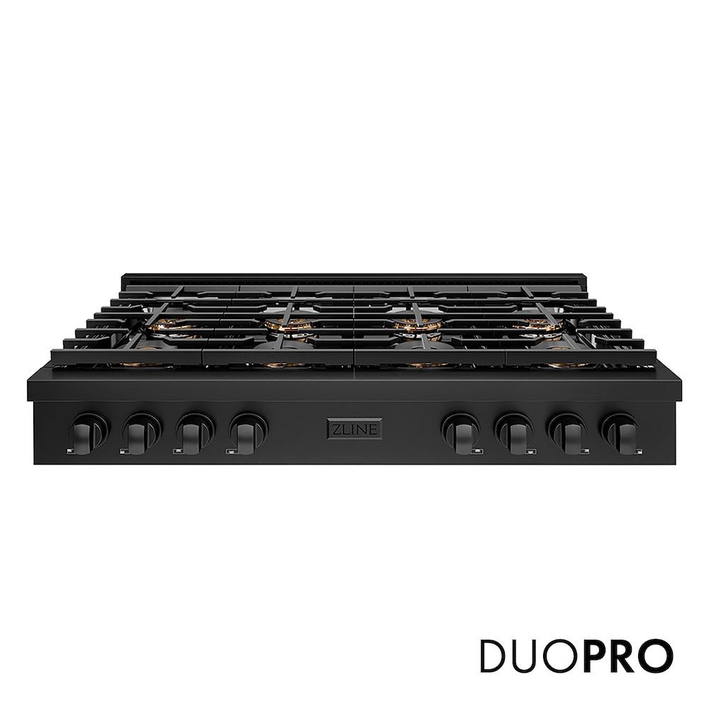 ZLINE 48 in. Paramount Gas Rangetop with 8 Burner DuoPro™ Cooktop in Black Stainless Steel (PSRTB-48) front, with DuoPro™ logo.