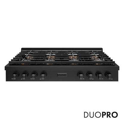 ZLINE 48 in. Paramount Gas Rangetop with 8 Burner DuoPro™ Cooktop in Black Stainless Steel (PSRTB-48) front, with DuoPro™ logo.