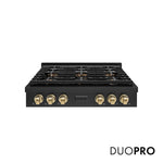ZLINE Autograph Edition 36 in. Paramount Gas Rangetop with 6 Burner DuoPro™ Cooktop in Black Stainless Steel and Champagne Bronze Accents (PSRTBZ-36-CB) front, with DuoPro™ logo.