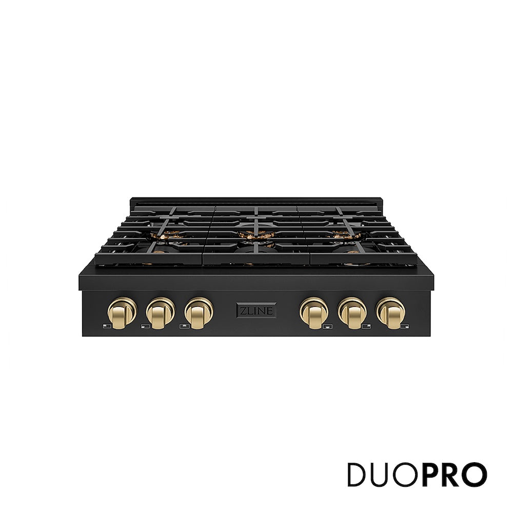 ZLINE Autograph Edition 36 in. Paramount Gas Rangetop with 6 Burner DuoPro™ Cooktop in Black Stainless Steel and Champagne Bronze Accents (PSRTBZ-36-CB) front, with DuoPro™ logo.