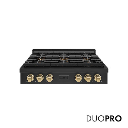 ZLINE Autograph Edition 36 in. Paramount Gas Rangetop with 6 Burner DuoPro™ Cooktop in Black Stainless Steel and Champagne Bronze Accents (PSRTBZ-36-CB) front, with DuoPro™ logo.