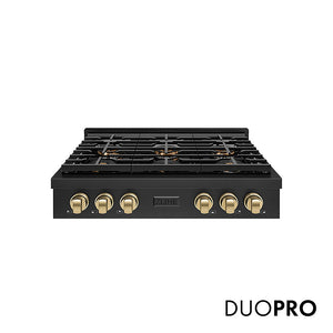 ZLINE Autograph Edition 36 in. Paramount Gas Rangetop with 6 Burner DuoPro™ Cooktop in Black Stainless Steel and Champagne Bronze Accents, Open Box-Great Condition main image.