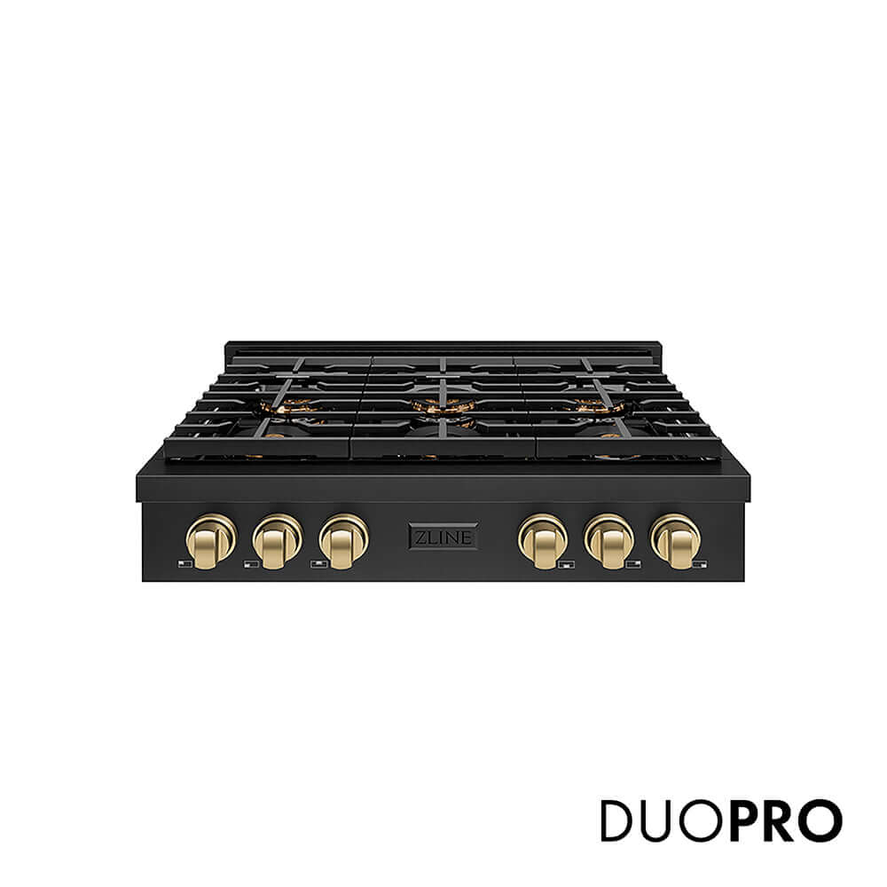 ZLINE Autograph Edition 36 in. Paramount Gas Rangetop with 6 Burner DuoPro™ Cooktop in Black Stainless Steel and Champagne Bronze Accents, Open Box-Good Condition