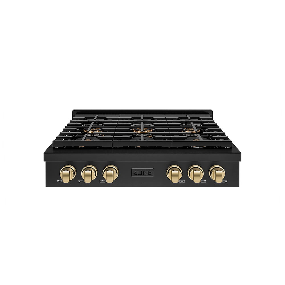 ZLINE Autograph Edition 36 in. Paramount Gas Rangetop with 6 Burner DuoPro™ Cooktop in Black Stainless Steel and Champagne Bronze Accents (PSRTBZ-36-CB) front.