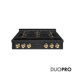 ZLINE Autograph Edition 36 in. Paramount Gas Rangetop with 6 Burner DuoPro™ Cooktop in Black Stainless Steel and Polished Gold Accents (PSRTBZ-36-G) front, with DuoPro™ logo.