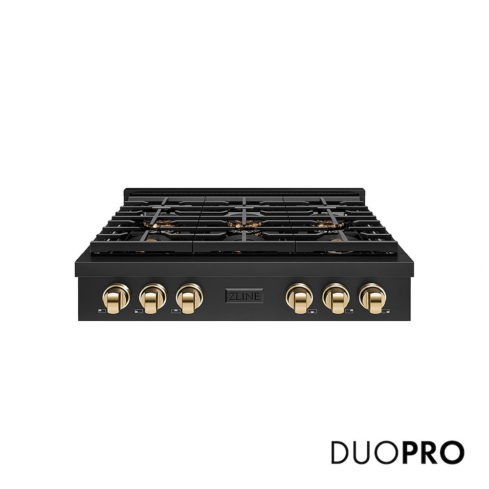 ZLINE Autograph Edition 36 in. Paramount Gas Rangetop with 6 Burner DuoPro™ Cooktop in Black Stainless Steel and Polished Gold Accents (PSRTBZ-36-G) front, with DuoPro™ logo.