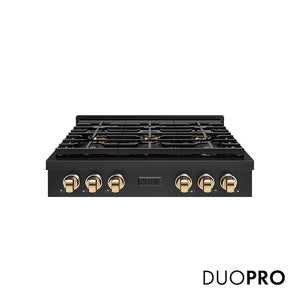 ZLINE Autograph Edition 36 in. Paramount Gas Rangetop with 6 Burner DuoPro™ Cooktop in Black Stainless Steel and Polished Gold Accents (PSRTBZ-36-G) main image.