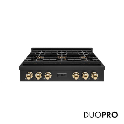 ZLINE Autograph Edition 36 in. Paramount Gas Rangetop with 6 Burner DuoPro™ Cooktop in Black Stainless Steel and Polished Gold Accents (PSRTBZ-36-G) front, with DuoPro™ logo.