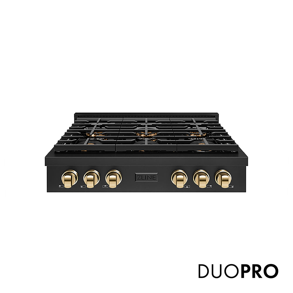 ZLINE Autograph Edition 36 in. Paramount Gas Rangetop with 6 Burner DuoPro™ Cooktop in Black Stainless Steel and Polished Gold Accents, Open Box-Great Condition main image.