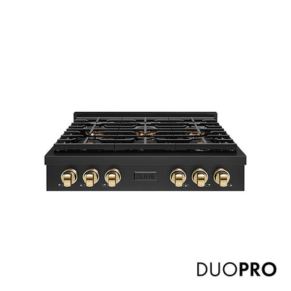 ZLINE Autograph Edition 36 in. Paramount Gas Rangetop with 6 Burner DuoPro™ Cooktop in Black Stainless Steel and Polished Gold Accents, Open Box-Great Condition