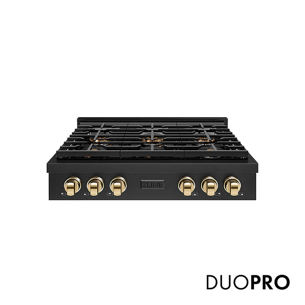 ZLINE Autograph Edition 36 in. Paramount Gas Rangetop with 6 Burner DuoPro™ Cooktop in Black Stainless Steel and Polished Gold Accents, Open Box-Good Condition