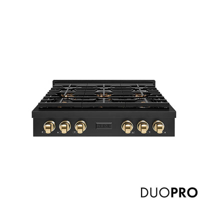 ZLINE Autograph Edition 36 in. Paramount Gas Rangetop with 6 Burner DuoPro™ Cooktop in Black Stainless Steel and Polished Gold Accents, Open Box-Good Condition
