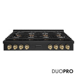 ZLINE Autograph Edition 48 in. Paramount Gas Rangetop with 8 Burner DuoPro™ Cooktop in Black Stainless Steel and Champagne Bronze Accents (PSRTBZ-48-CB) front, with DuoPro™ logo.