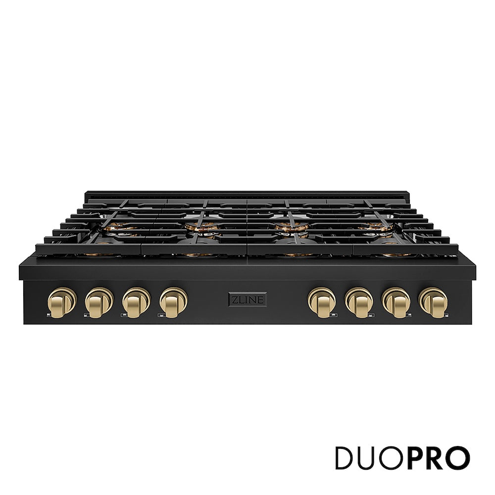 ZLINE Autograph Edition 48 in. Paramount Gas Rangetop with 8 Burner DuoPro™ Cooktop in Black Stainless Steel and Champagne Bronze Accents (PSRTBZ-48-CB) front, with DuoPro™ logo.