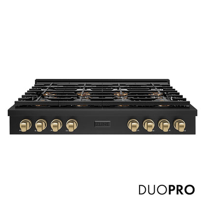 ZLINE Autograph Edition 48 in. Paramount Gas Rangetop with 8 Burner DuoPro™ Cooktop in Black Stainless Steel and Champagne Bronze Accents (PSRTBZ-48-CB) front, with DuoPro™ logo.