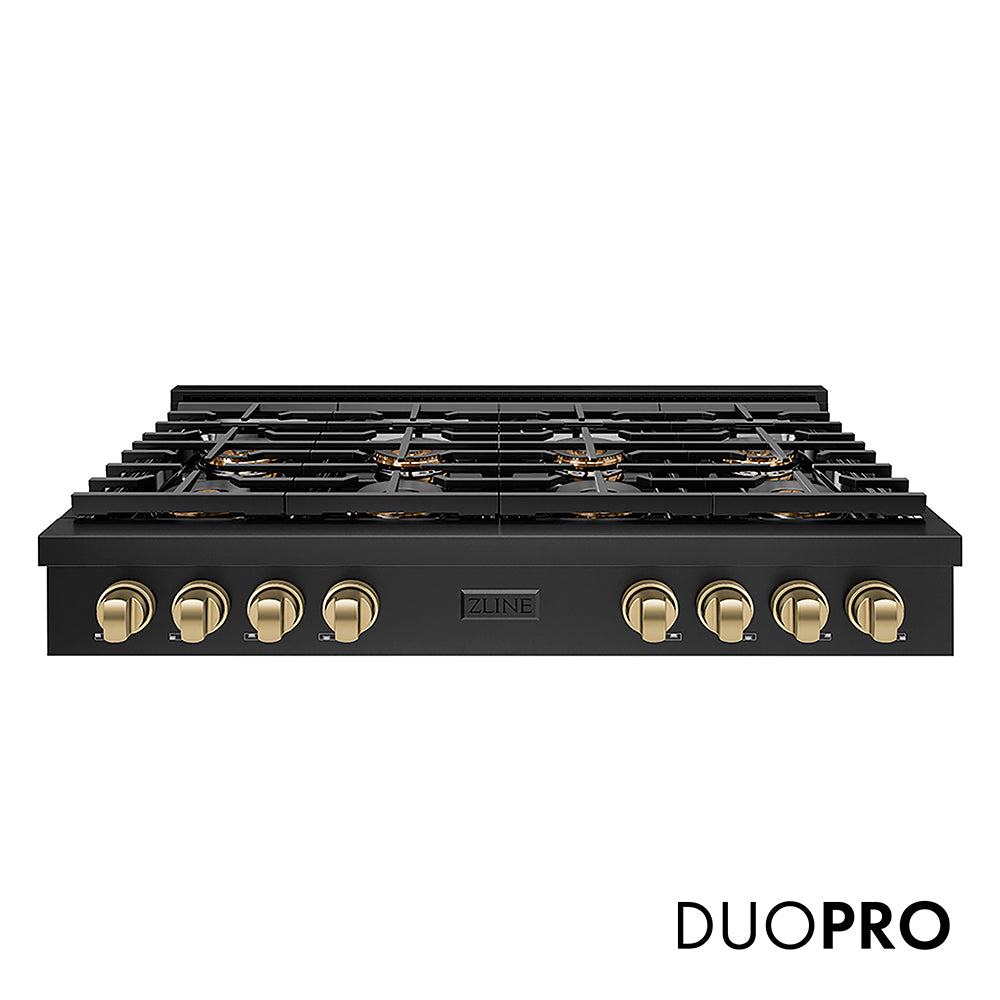 ZLINE Autograph Edition 48 in. Paramount Gas Rangetop with 8 Burner DuoPro™ Cooktop in Black Stainless Steel and Champagne Bronze Accents, Open Box-Great Condition main image.
