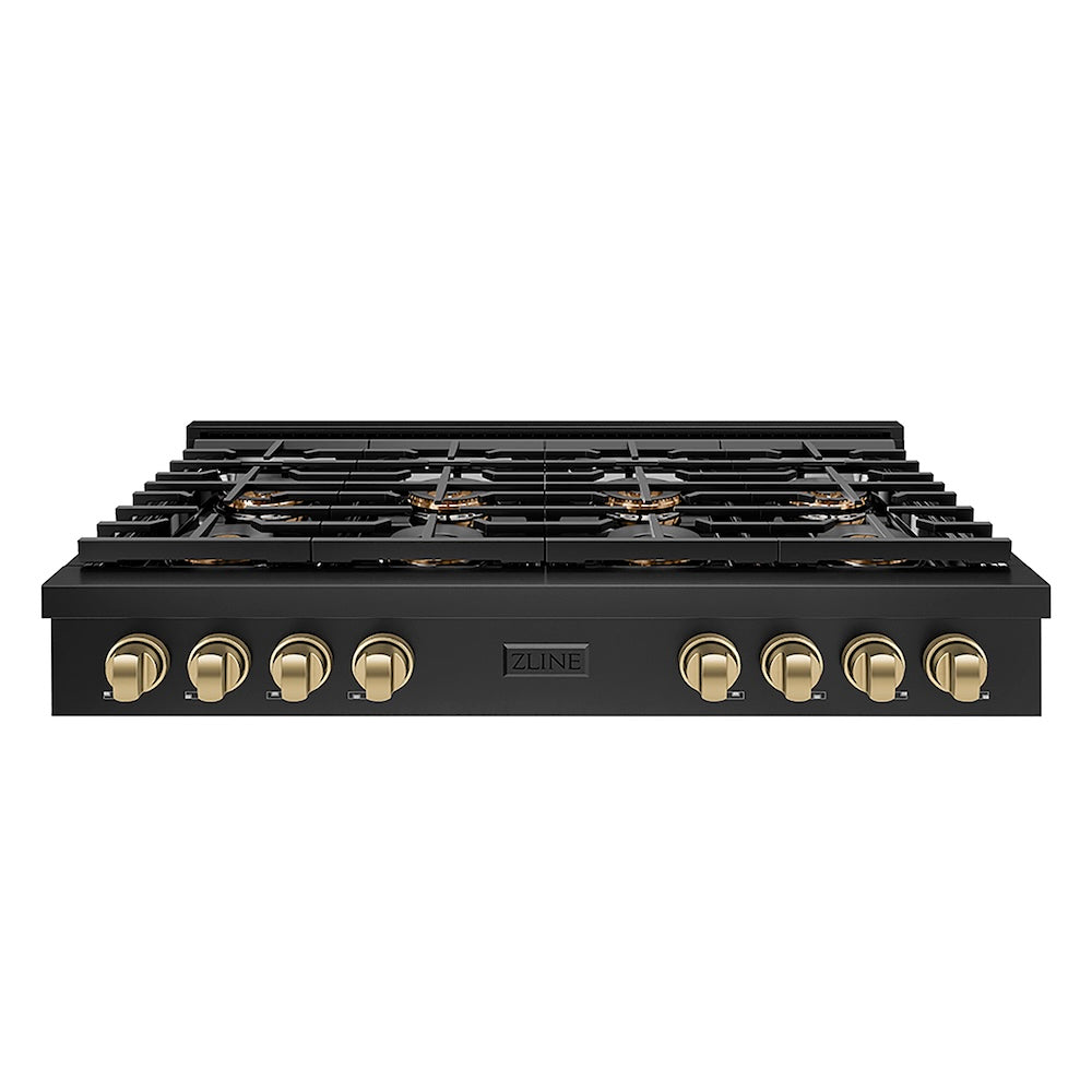 ZLINE Autograph Edition 48 in. Paramount Gas Rangetop with 8 Burner DuoPro™ Cooktop in Black Stainless Steel and Champagne Bronze Accents (PSRTBZ-48-CB) front.