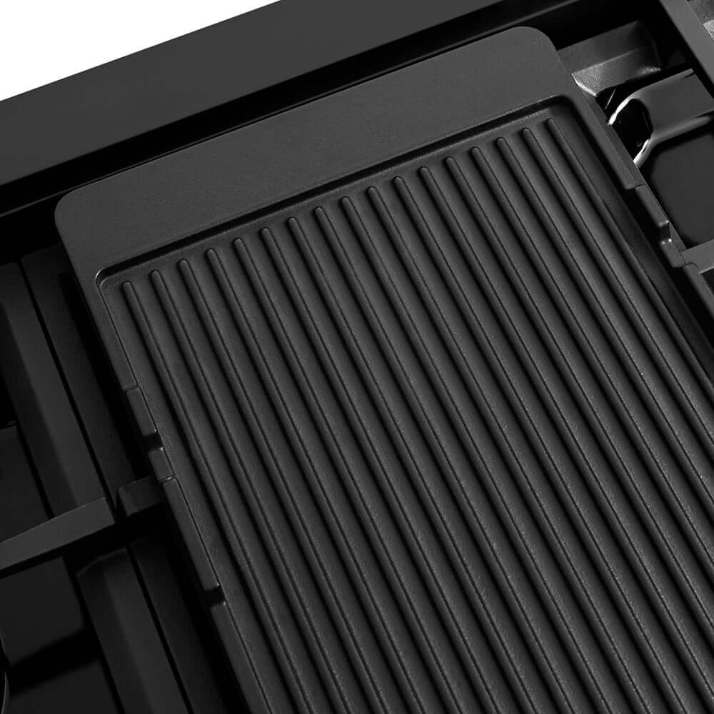 ZLINE Autograph Edition 48 in. Paramount Gas Rangetop with 8 Burner DuoPro™ Cooktop in Black Stainless Steel and Champagne Bronze Accents (PSRTBZ-48-CB) reversible griddle ribbed side.