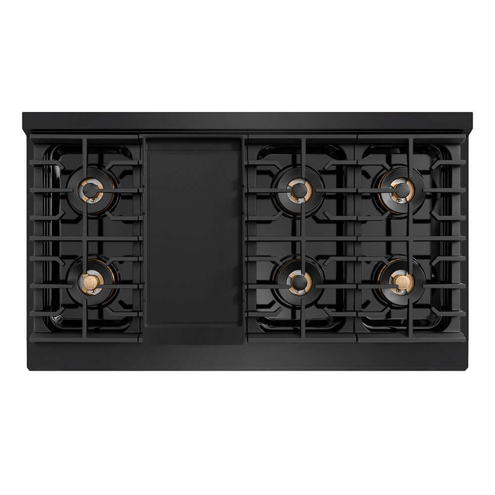ZLINE Autograph Edition 48 in. Paramount Gas Rangetop with 8 Burner DuoPro™ Cooktop in Black Stainless Steel and Champagne Bronze Accents (PSRTBZ-48-CB) top-down, above cooktop with griddle.