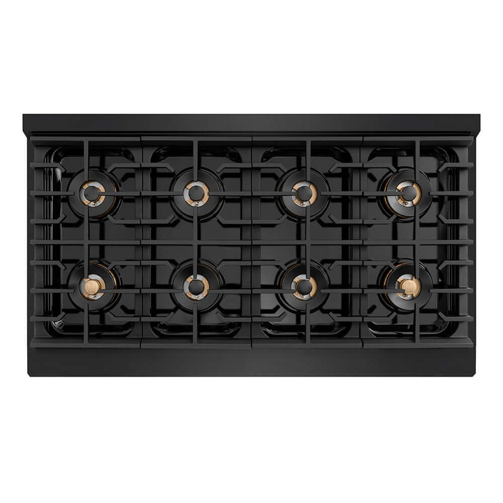 ZLINE Autograph Edition 48 in. Paramount Gas Rangetop with 8 Burner DuoPro™ Cooktop in Black Stainless Steel and Champagne Bronze Accents (PSRTBZ-48-CB) top down, above cooktop.