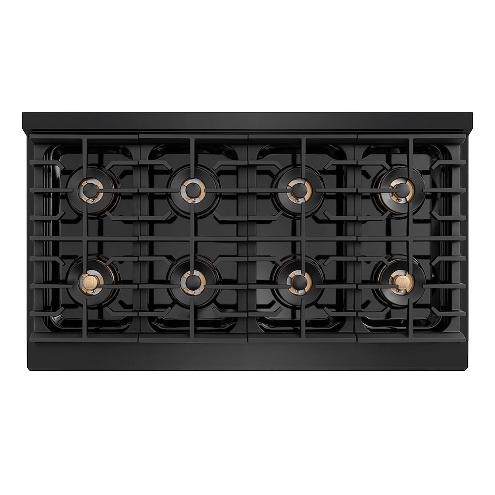 ZLINE Autograph Edition 48 in. Paramount Gas Rangetop with 8 Burner DuoPro™ Cooktop in Black Stainless Steel and Champagne Bronze Accents (PSRTBZ-48-CB) top-down, above cooktop.
