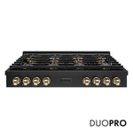 ZLINE Autograph Edition 48 in. Paramount Gas Rangetop with 8 Burner DuoPro™ Cooktop in Black Stainless Steel and Polished Gold Accents (PSRTBZ-48-G) front, with DuoPro™ logo.
