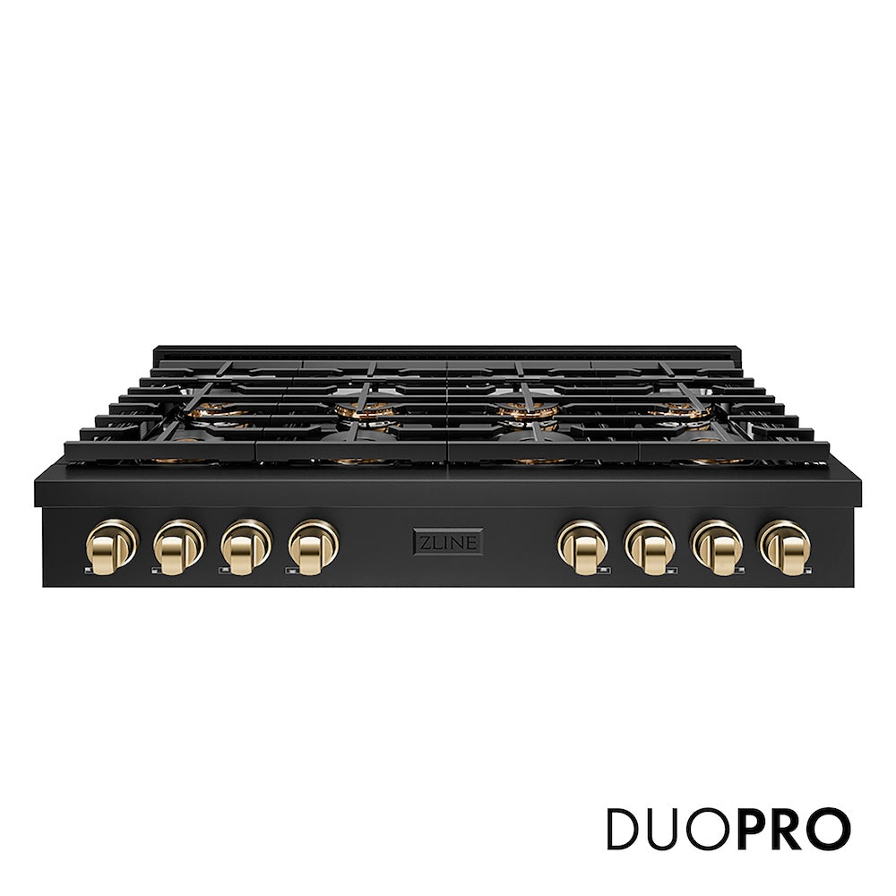 ZLINE Autograph Edition 48 in. Paramount Gas Rangetop with 8 Burner DuoPro™ Cooktop in Black Stainless Steel and Polished Gold Accents (PSRTBZ-48-G) front, with DuoPro™ logo.