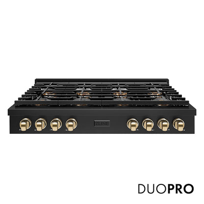 ZLINE Autograph Edition 48 in. Paramount Gas Rangetop with 8 Burner DuoPro™ Cooktop in Black Stainless Steel and Polished Gold Accents (PSRTBZ-48-G) front, with DuoPro™ logo.