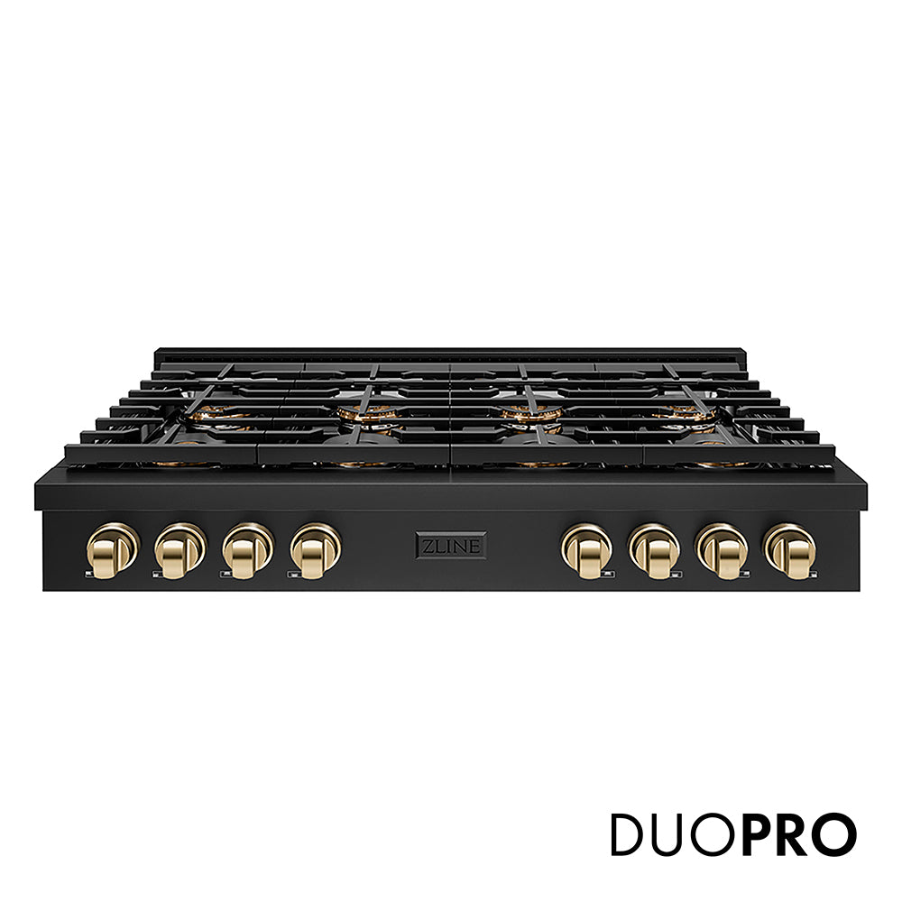 ZLINE Autograph Edition 48 in. Paramount Gas Rangetop with 8 Burner DuoPro™ Cooktop in Black Stainless Steel and Polished Gold Accents, Open Box-Great Condition main image.