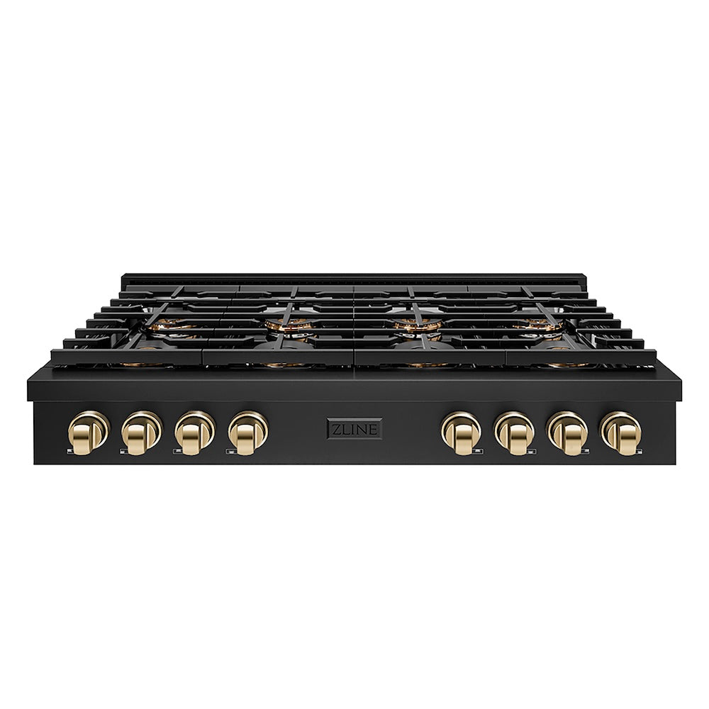 ZLINE Autograph Edition 48 in. Paramount Gas Rangetop with 8 Burner DuoPro™ Cooktop in Black Stainless Steel and Polished Gold Accents (PSRTBZ-48-G) front.