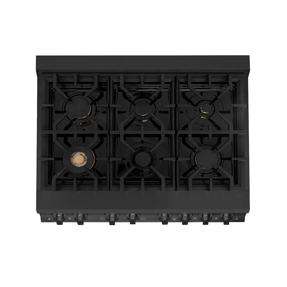 ZLINE Professional 36" Black Stainless Steel Dual Fuel Range with Brass Burners (RAB-BR-36) from above, showing 6-burner gas cooktop.