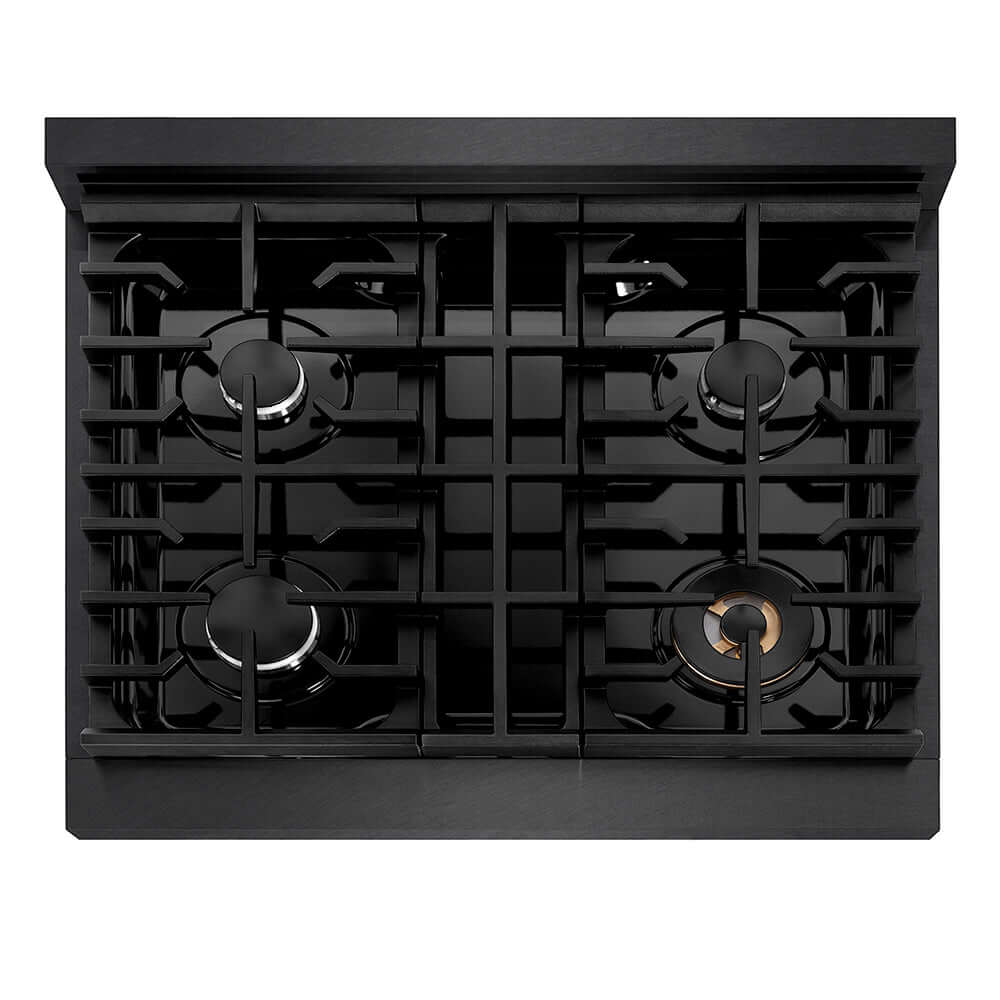 ZLINE 30 in. 4.2 cu. ft. Paramount Dual Fuel Range with 4 Burner Gas Cooktop and Electric Convection Oven in Black Satin Stainless Steel (SDRBS-30) top-down, above cooktop.