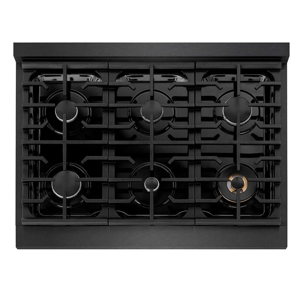 ZLINE 36 in. 5.2 cu. ft. Paramount Dual Fuel Range with 6 Burner Gas Cooktop and Electric Convection Oven in Black Satin Stainless Steel (SDRBS-36) top-down, above cooktop.
