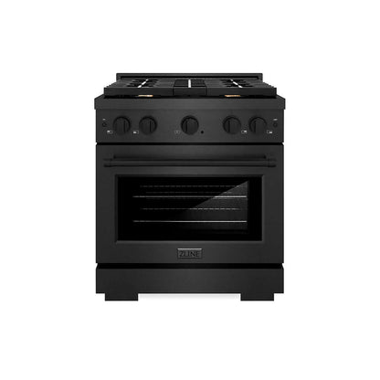 ZLINE 30 in. 4.2 cu. ft. Paramount Dual Fuel Range with Gas Cooktop and Electric Convection Oven in Black Satin Stainless Steel with 4 Brass Burners (SDRBS-BR-30) front.
