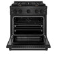 ZLINE 30 in. 4.2 cu. ft. Paramount Dual Fuel Range with Gas Cooktop and Electric Convection Oven in Black Satin Stainless Steel with 4 Brass Burners (SDRBS-BR-30) front, oven open.
