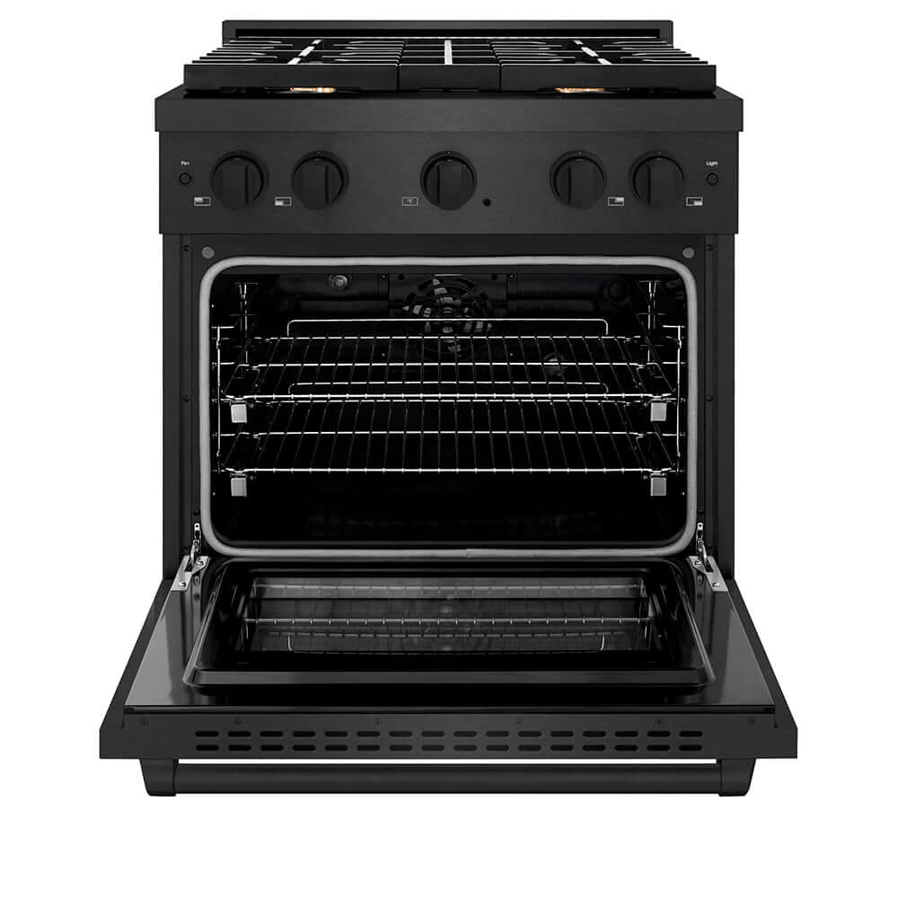 ZLINE 30 in. 4.2 cu. ft. Paramount Dual Fuel Range with Gas Cooktop and Electric Convection Oven in Black Satin Stainless Steel with 4 Brass Burners (SDRBS-BR-30) front, oven open.