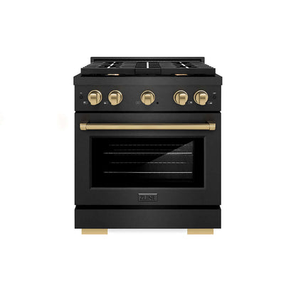 ZLINE Autograph Edition 30 in. 4.2 cu. ft. Paramount Dual Fuel Range with 4 Burner Gas Cooktop and Electric Convection Oven in Black Satin Stainless Steel with Champagne Bronze Accents (SDRBSZ-30-CB) front.