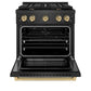 ZLINE Autograph Edition 30 in. 4.2 cu. ft. Paramount Dual Fuel Range with 4 Burner Gas Cooktop and Electric Convection Oven in Black Satin Stainless Steel with Champagne Bronze Accents (SDRBSZ-30-CB) front, oven open.