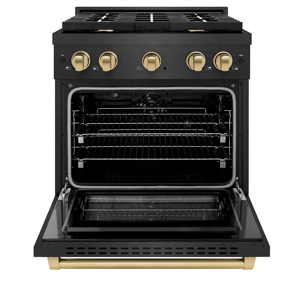 ZLINE Autograph Edition 30 in. 4.2 cu. ft. Paramount Dual Fuel Range with 4 Burner Gas Cooktop and Electric Convection Oven in Black Satin Stainless Steel with Champagne Bronze Accents (SDRBSZ-30-CB) front, oven open.