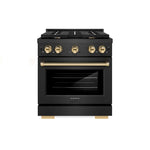 ZLINE Autograph Edition 30 in. 4.2 cu. ft. Paramount Dual Fuel Range with 4 Burner Gas Cooktop and Electric Convection Oven in Black Satin Stainless Steel with Polished Gold Accents (SDRBSZ-30-G) front.