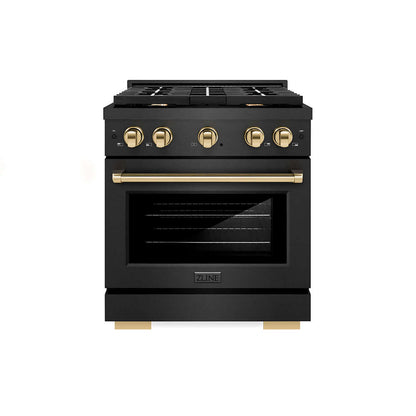 ZLINE Autograph Edition 30 in. 4.2 cu. ft. Paramount Dual Fuel Range with 4 Burner Gas Cooktop and Electric Convection Oven in Black Satin Stainless Steel with Polished Gold Accents (SDRBSZ-30-G) front.